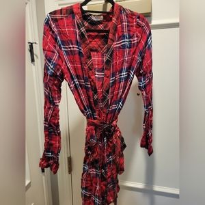Altar'd State Plaid cross wrap tunic with collar and tied waist
